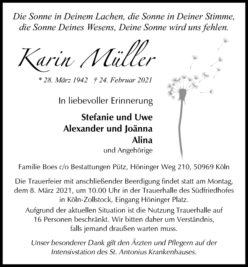  Traueranzeige für Karin Müller vom 27.02.2021 aus Kölner Stadt-Anzeiger / Kölnische Rundschau / Express