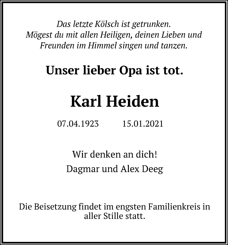  Traueranzeige für Karl Heiden vom 06.02.2021 aus Kölner Stadt-Anzeiger / Kölnische Rundschau / Express