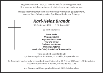 Anzeige von Karl-Heinz Brandt von  Kölner Wochenspiegel 
