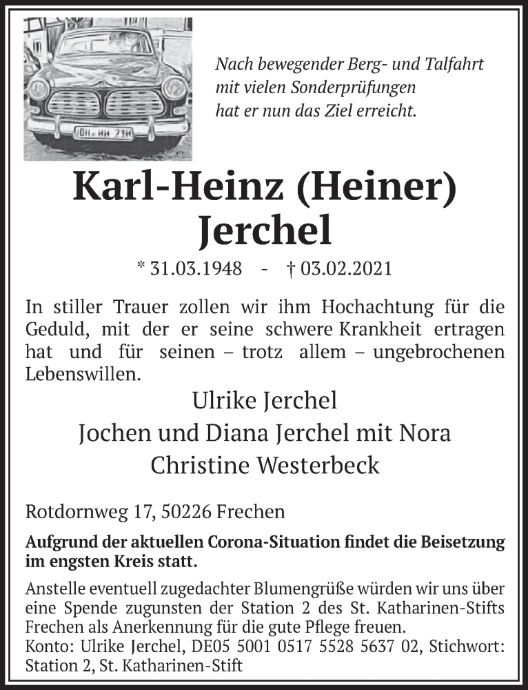  Traueranzeige für Karl-Heinz Jerchel vom 12.02.2021 aus  Wochenende 