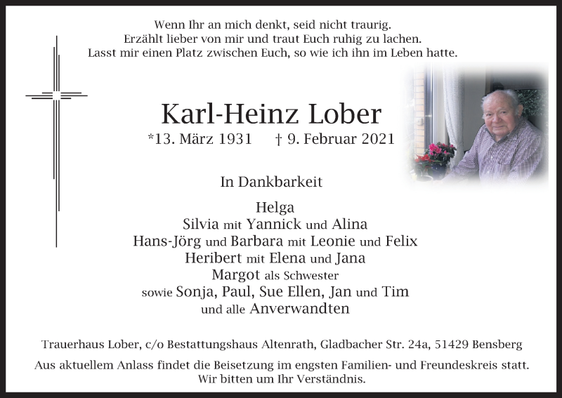  Traueranzeige für Karl-Heinz Lober vom 13.02.2021 aus Kölner Stadt-Anzeiger / Kölnische Rundschau / Express