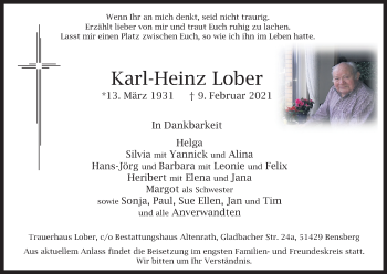 Anzeige von Karl-Heinz Lober von Kölner Stadt-Anzeiger / Kölnische Rundschau / Express