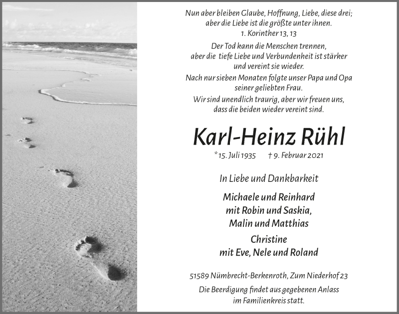  Traueranzeige für Karl-Heinz Rühl vom 19.02.2021 aus  Lokalanzeiger 