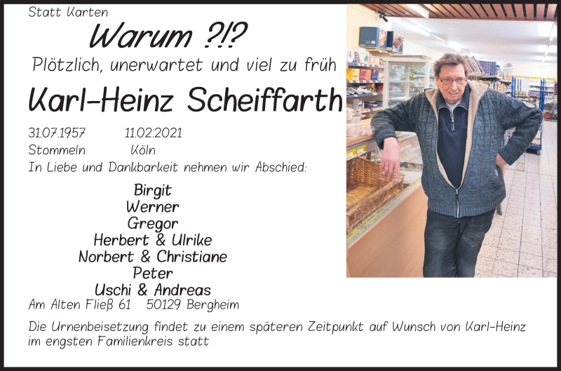  Traueranzeige für Karl-Heinz Scheiffarth vom 18.02.2021 aus Kölner Stadt-Anzeiger / Kölnische Rundschau / Express
