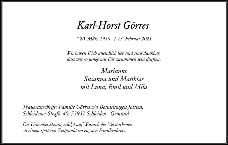  Traueranzeige für Karl-Horst Görres vom 20.02.2021 aus Kölner Stadt-Anzeiger / Kölnische Rundschau / Express