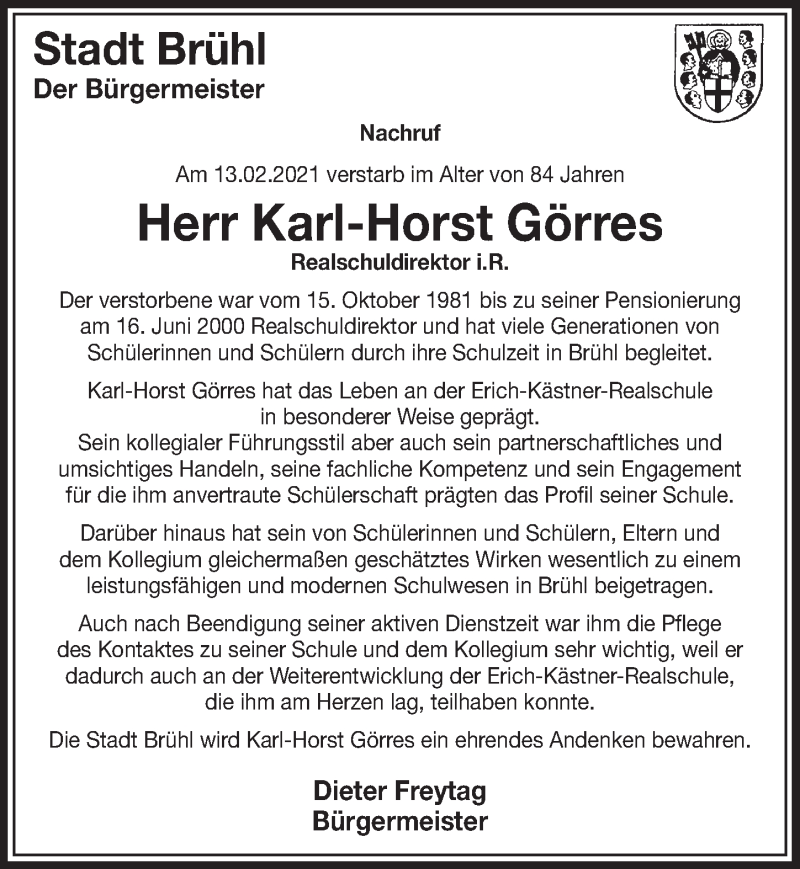  Traueranzeige für Karl-Horst Görres vom 26.02.2021 aus  Schlossbote/Werbekurier 