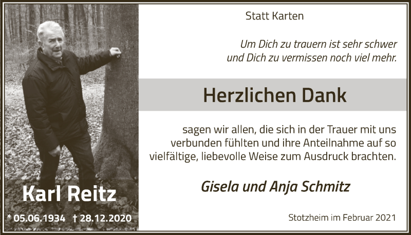  Traueranzeige für Karl Reitz vom 13.02.2021 aus  Blickpunkt Euskirchen 