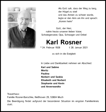 Anzeige von Karl Rosner von Kölner Stadt-Anzeiger / Kölnische Rundschau / Express
