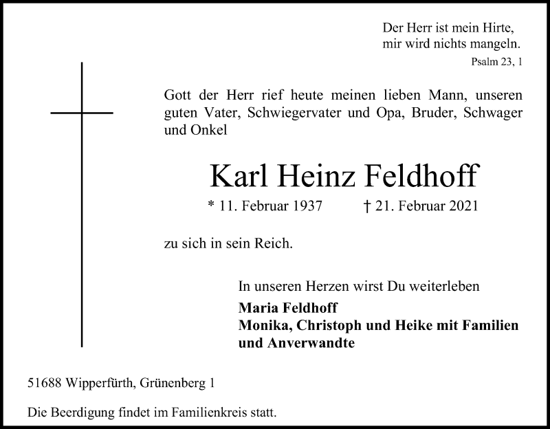 Traueranzeige für Karl Heinz Feldhoff vom 24.02.2021 aus Kölner Stadt-Anzeiger / Kölnische Rundschau / Express