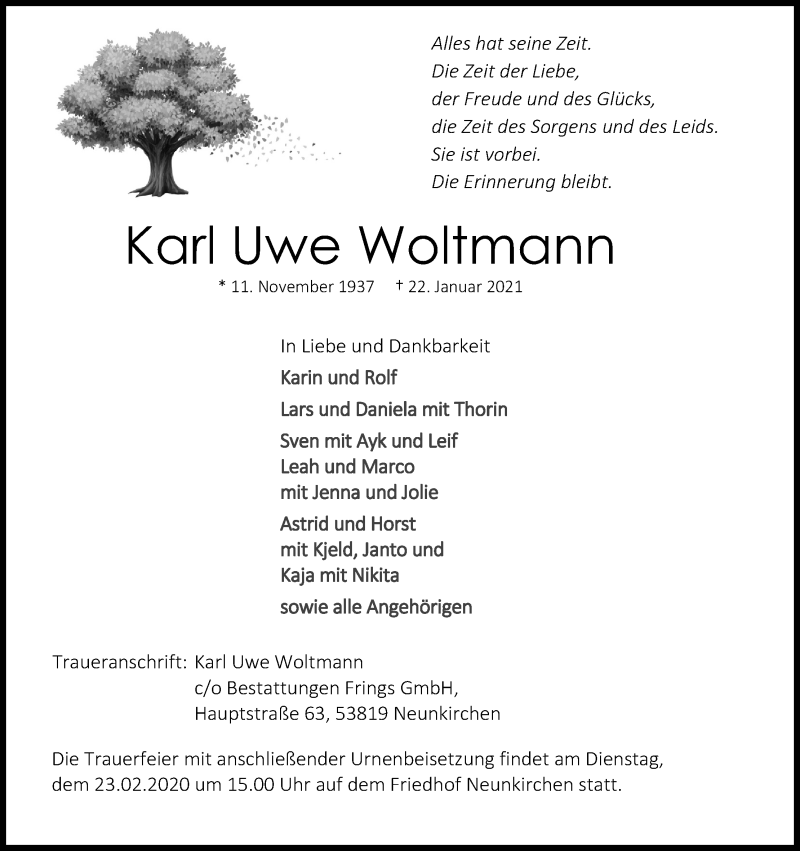  Traueranzeige für Karl Uwe Woltmann vom 20.02.2021 aus Kölner Stadt-Anzeiger / Kölnische Rundschau / Express