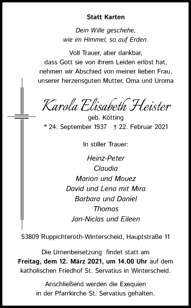  Traueranzeige für Karola Elisabeth Heister vom 24.02.2021 aus Kölner Stadt-Anzeiger / Kölnische Rundschau / Express