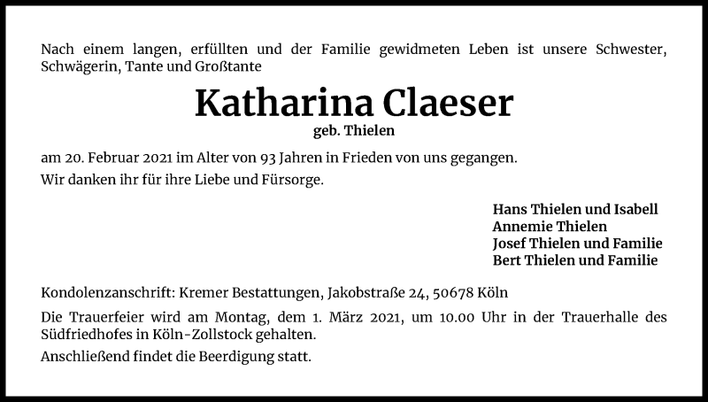  Traueranzeige für Katharina Claeser vom 24.02.2021 aus Kölner Stadt-Anzeiger / Kölnische Rundschau / Express