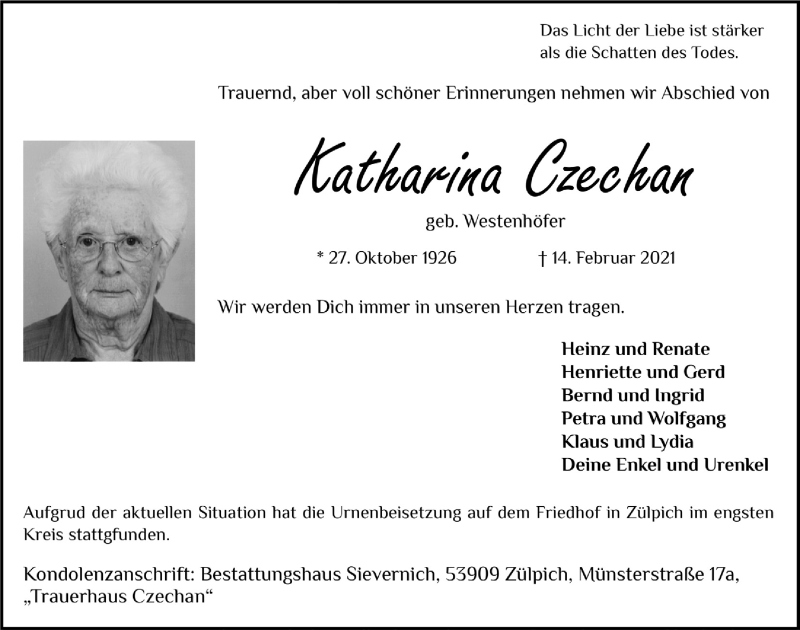  Traueranzeige für Katharina Czechan vom 27.02.2021 aus  Blickpunkt Euskirchen 