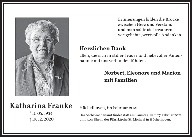  Traueranzeige für Katharina Franke vom 12.02.2021 aus  Werbepost 