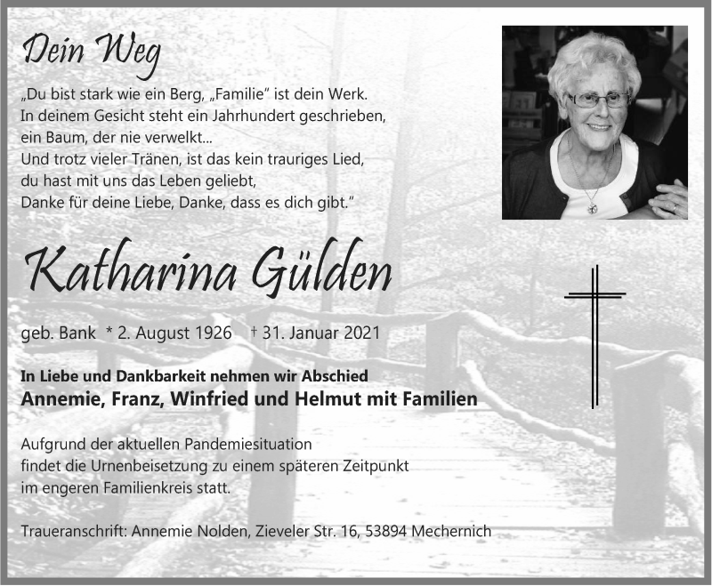  Traueranzeige für Katharina Gülden vom 06.02.2021 aus  Blickpunkt Euskirchen 
