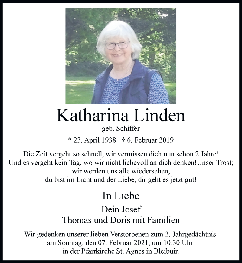  Traueranzeige für Katharina Linden vom 06.02.2021 aus  Blickpunkt Euskirchen 