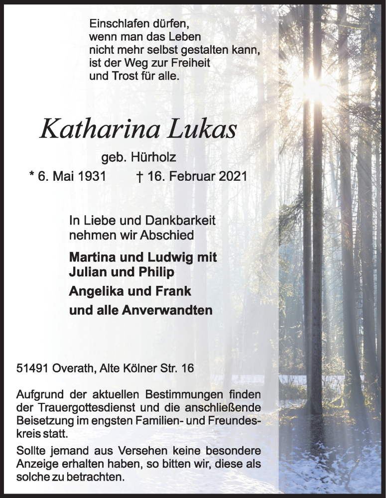  Traueranzeige für Katharina Lukas vom 20.02.2021 aus Kölner Stadt-Anzeiger / Kölnische Rundschau / Express