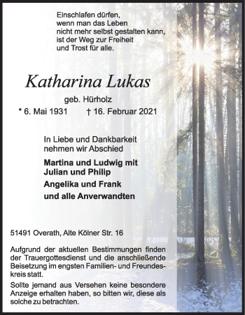 Anzeige von Katharina Lukas von Kölner Stadt-Anzeiger / Kölnische Rundschau / Express