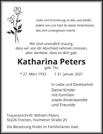 Anzeige von Katharina Peters von  Wochenende 