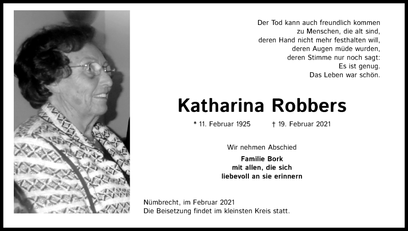  Traueranzeige für Katharina Robbers vom 27.02.2021 aus Kölner Stadt-Anzeiger / Kölnische Rundschau / Express