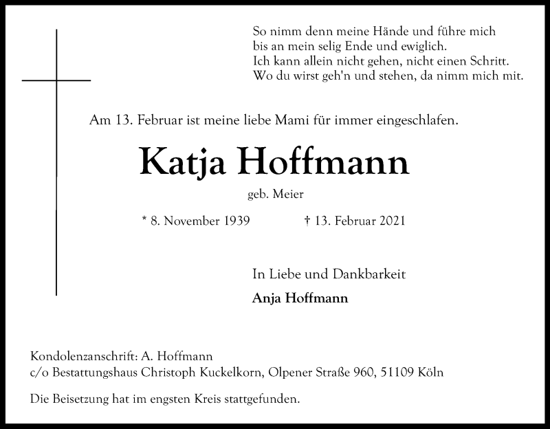  Traueranzeige für Katja Hoffmann vom 20.02.2021 aus Kölner Stadt-Anzeiger / Kölnische Rundschau / Express