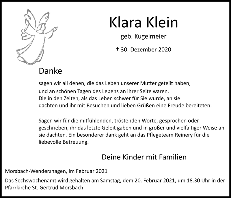  Traueranzeige für Klara Klein vom 12.02.2021 aus  Lokalanzeiger 