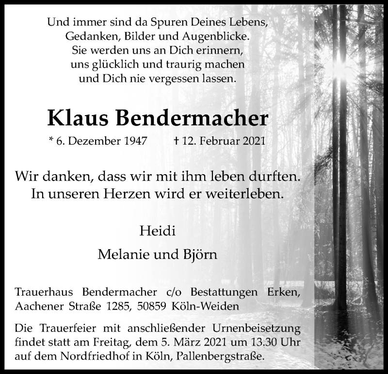  Traueranzeige für Klaus Bendermacher vom 27.02.2021 aus Kölner Stadt-Anzeiger / Kölnische Rundschau / Express