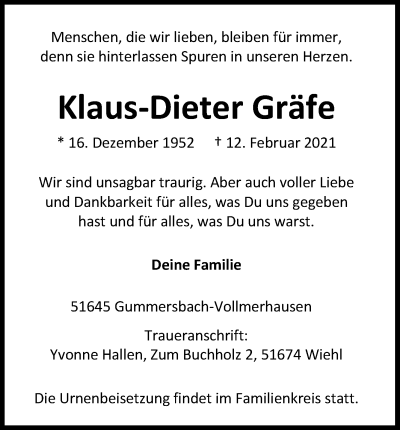  Traueranzeige für Klaus-Dieter Gräfe vom 20.02.2021 aus Kölner Stadt-Anzeiger / Kölnische Rundschau / Express