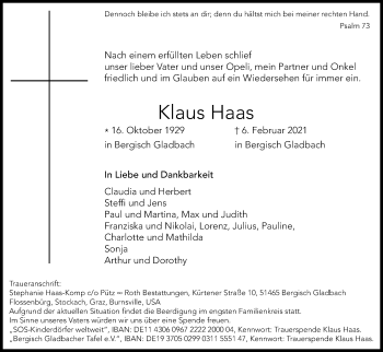 Anzeige von Klaus Haas von Kölner Stadt-Anzeiger / Kölnische Rundschau / Express