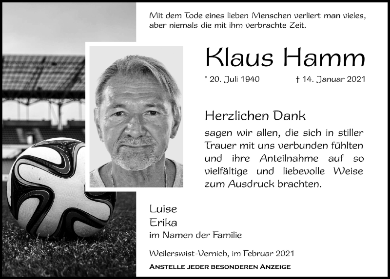  Traueranzeige für Klaus Hamm vom 20.02.2021 aus  Blickpunkt Euskirchen 