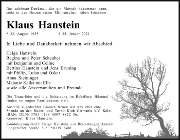 Anzeige von Klaus Hanstein von Kölner Stadt-Anzeiger / Kölnische Rundschau / Express
