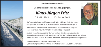 Anzeige von Klaus-Jürgen Fritz von Kölner Stadt-Anzeiger / Kölnische Rundschau / Express