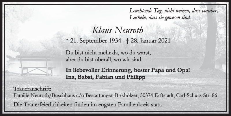  Traueranzeige für Klaus Neuroth vom 05.02.2021 aus  Werbepost 