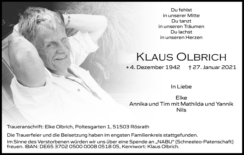  Traueranzeige für Klaus Olbrich vom 13.02.2021 aus Kölner Stadt-Anzeiger / Kölnische Rundschau / Express