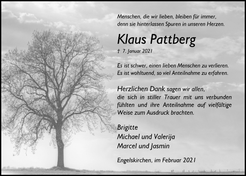  Traueranzeige für Klaus Pattberg vom 19.02.2021 aus  Anzeigen Echo 