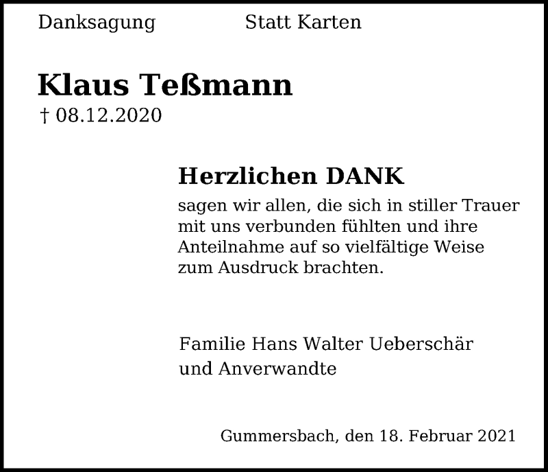  Traueranzeige für Klaus Teßmann vom 20.02.2021 aus Kölner Stadt-Anzeiger / Kölnische Rundschau / Express