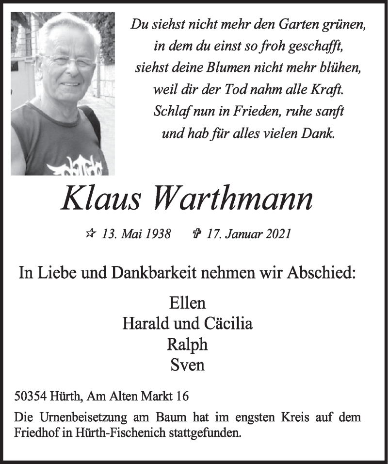  Traueranzeige für Klaus Warthmann vom 05.02.2021 aus  Wochenende 