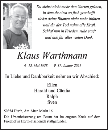 Anzeige von Klaus Warthmann von  Wochenende 