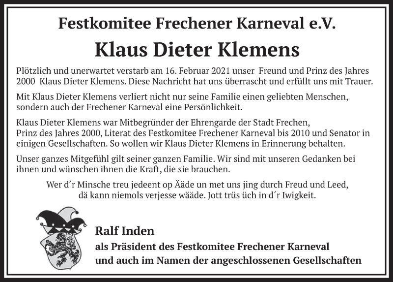  Traueranzeige für Klaus Dieter Klemens vom 26.02.2021 aus  Wochenende 