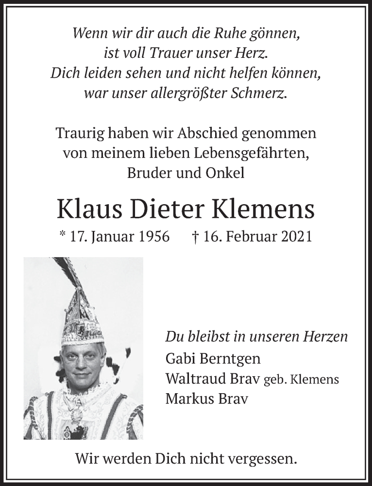  Traueranzeige für Klaus Dieter Klemens vom 26.02.2021 aus  Wochenende 