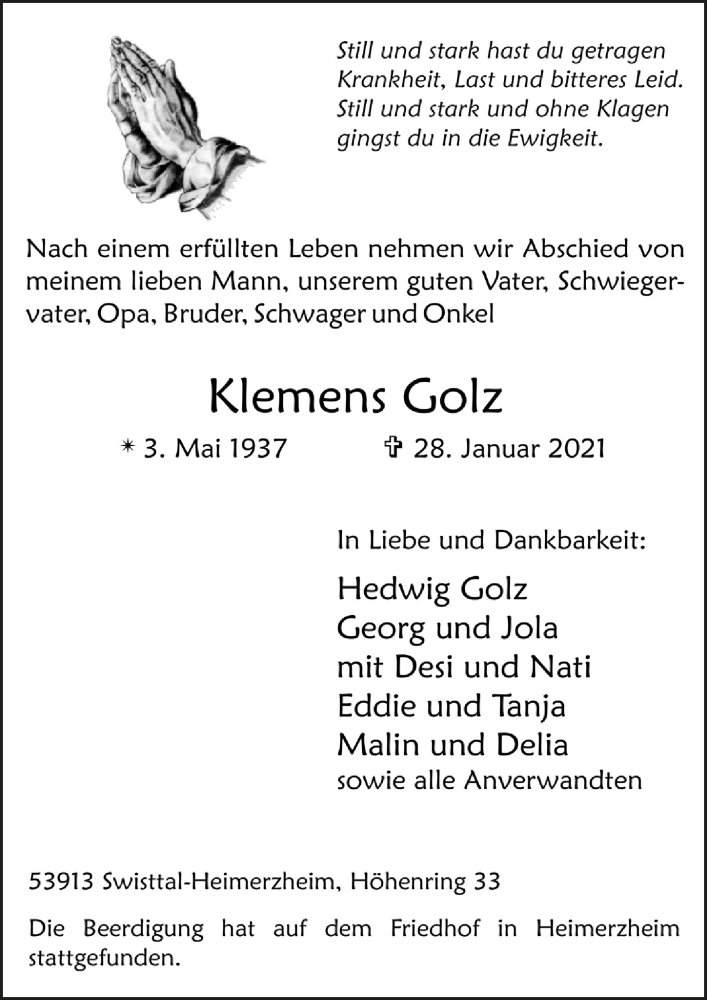  Traueranzeige für Klemens Golz vom 05.02.2021 aus  Schaufenster/Blickpunkt 