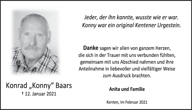  Traueranzeige für Konrad Baars vom 05.02.2021 aus  Werbepost 
