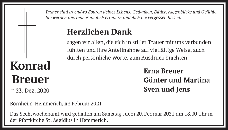  Traueranzeige für Konrad Breuer vom 05.02.2021 aus  Schaufenster/Blickpunkt 