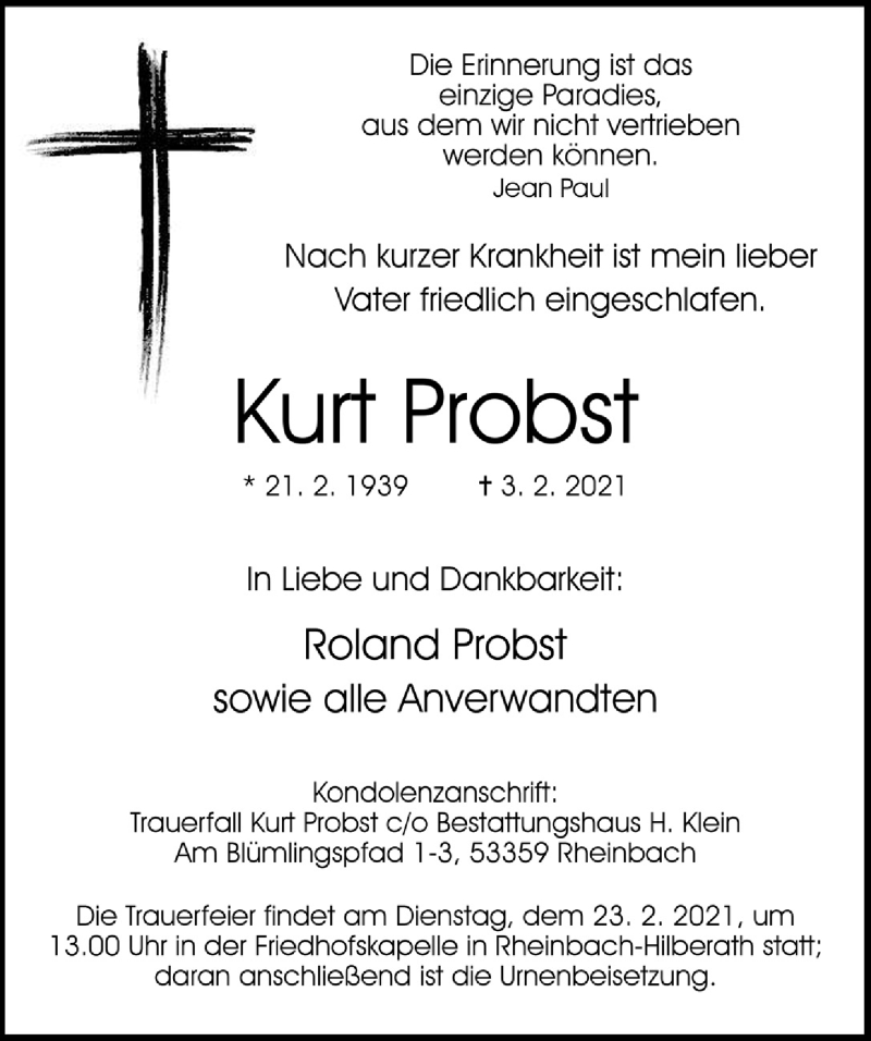  Traueranzeige für Kurt Probst vom 19.02.2021 aus  Schaufenster/Blickpunkt 
