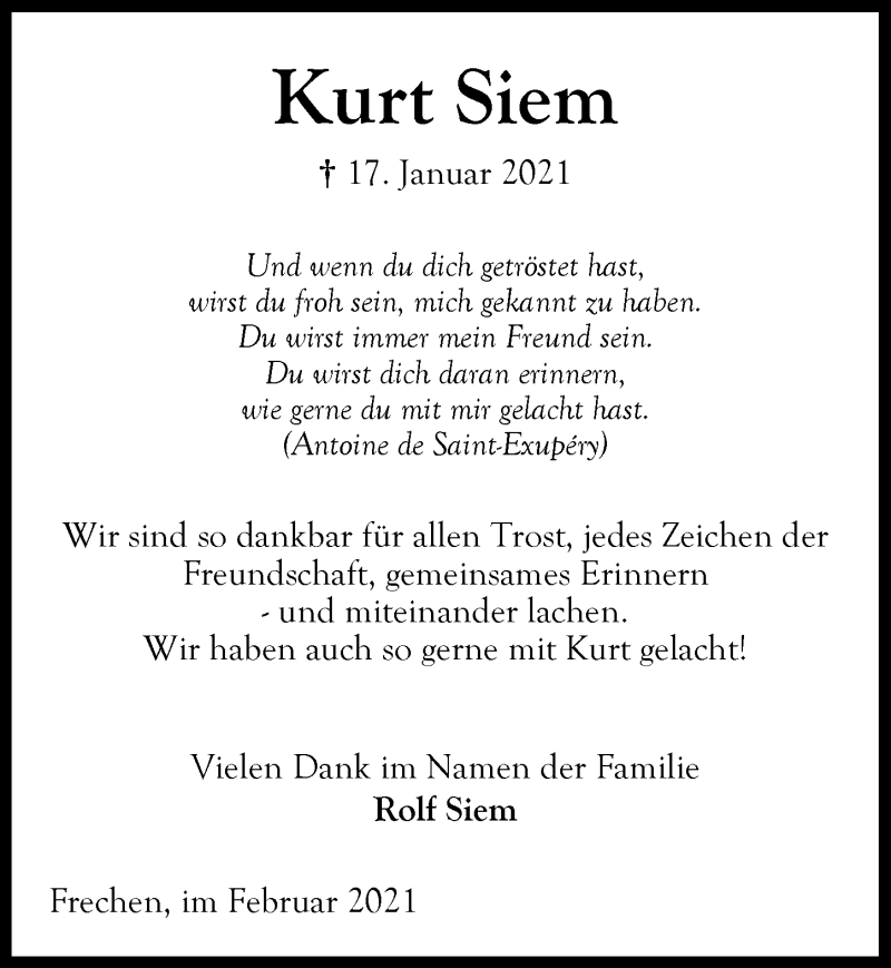  Traueranzeige für Kurt Siem vom 12.02.2021 aus  Wochenende 