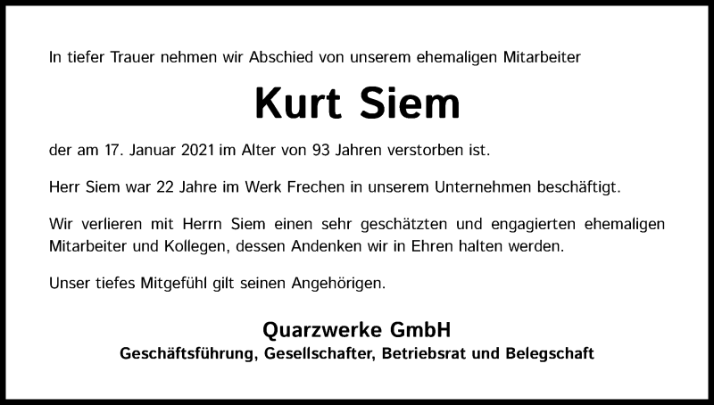  Traueranzeige für Kurt Siem vom 06.02.2021 aus Kölner Stadt-Anzeiger / Kölnische Rundschau / Express