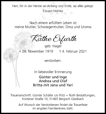 Anzeige von Käthe Erfurth von Kölner Stadt-Anzeiger / Kölnische Rundschau / Express