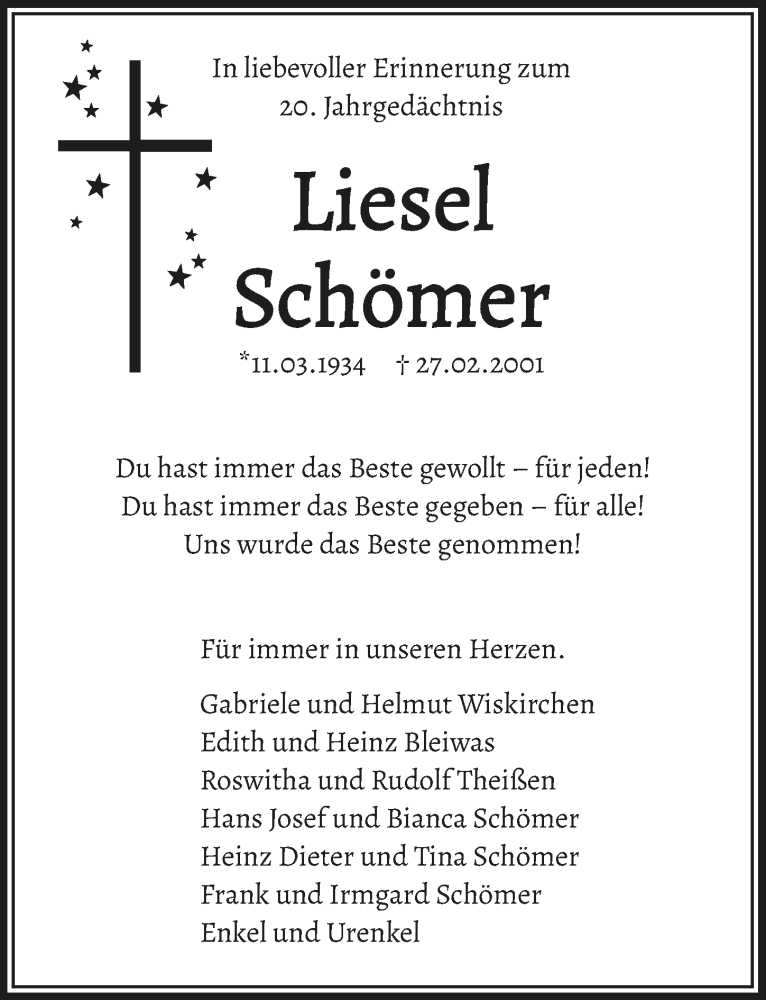  Traueranzeige für Liesel Schömer vom 27.02.2021 aus  Blickpunkt Euskirchen 