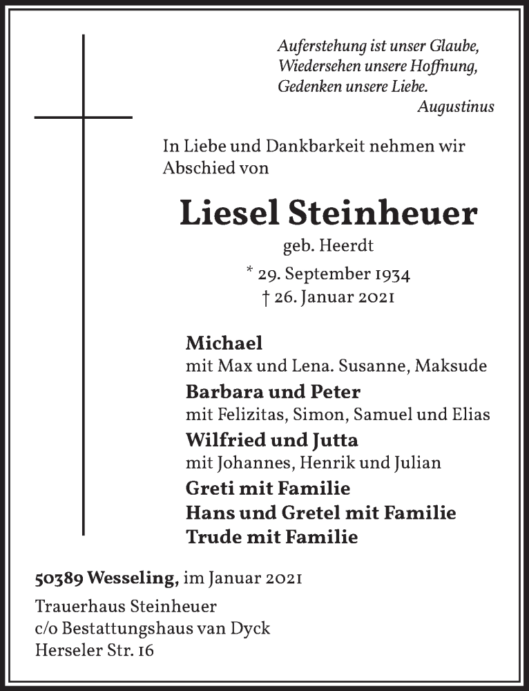  Traueranzeige für Liesel Steinheuer vom 05.02.2021 aus  Schlossbote/Werbekurier 