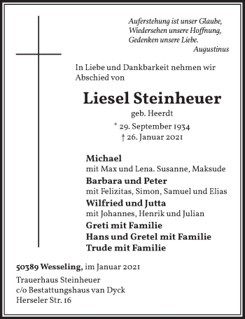 Anzeige von Liesel Steinheuer von  Schlossbote/Werbekurier 